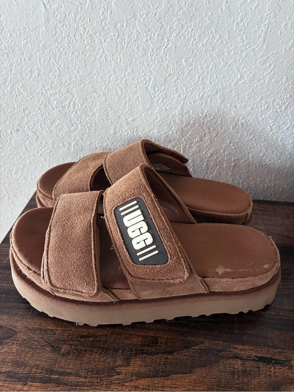 UGG Greer Brown Suede Double-Strap Platform Slides